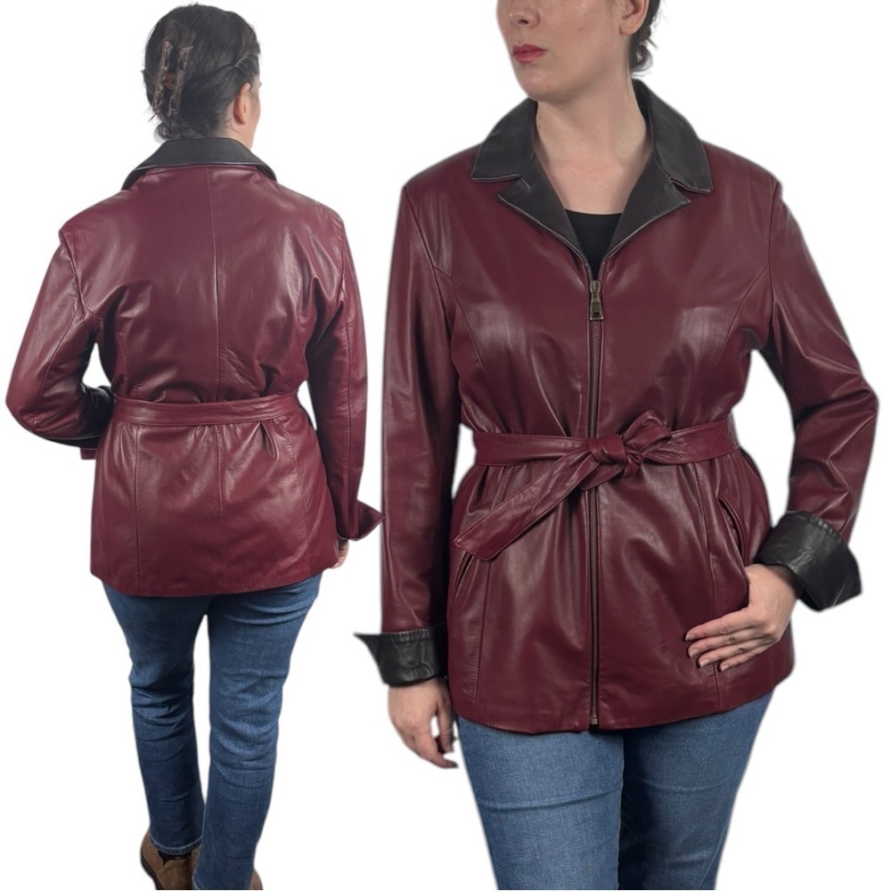 VINTAGE 90S PERUZZI CHERRY RED BLACK WAIST TIE ZIP UP ITALIAN LEATHER JACKET